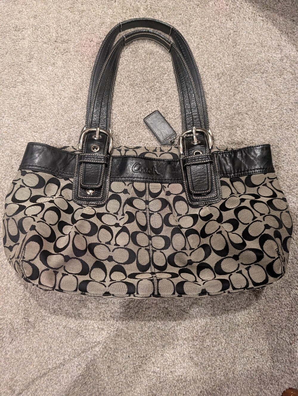 Coach Soho Pleated Monogram Shoulder Tote in Khaki and Black